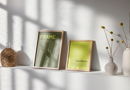 Set of Two Frame Mockup on a White Shelf With Natural Light and Shadow
