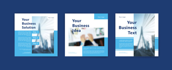 Social media post template for business with white and blue elements.