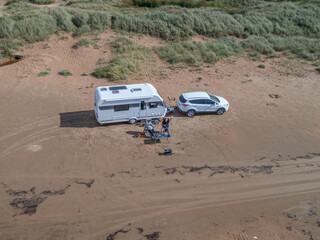 Caravan Campig beautiful landscape beach sand dunes near Melbystrand Laholm Sweden coast outdoor...