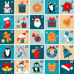 December advent calendar. Christmas poster with Christmas simbols. Vector template.