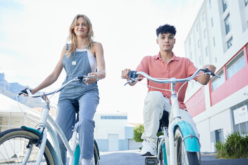 City travel, bicycle and couple friends portrait for outdoor summer, youth wellness lifestyle. gen...