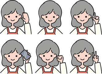 ロングヘアでエプロンの保育士が片手を挙げるポーズ6種