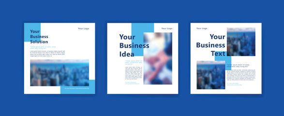 Social media post template for business with white and blue elements.