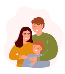 Happy family hugs. Mom, Dad, son together. Vector graphics.