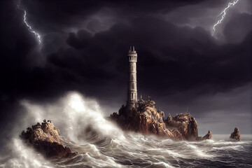 Fototapeta na wymiar Lighthouse during heavy storm. Digital art