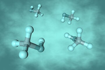 Methanol or methyl alcohol. Molecular model on turquoise background. Scientific background. 3d illustration
