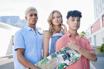 Friends, urban skate and diversity of people holding a skateboard outdoor together. Portrait of a city skating, gen z sports group ready to exercise a ride technique on a road for training and fun - Powered by Adobe