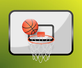 Basketball ball hitting in basket hoop on green, sports accessory, equipment for playing game