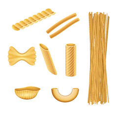 Pasta realistic set. Italian food farfalle fusilli macaroni cook ingredients of traditional cuisine