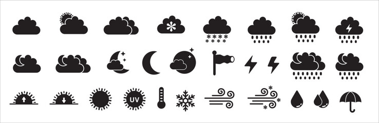 Weather icons. Weather forecast icon set. Simple flat design for application and website button. Contains symbol of sunrise, sunset, sun, moon, rainfall, blizzard, snow, umbrella. Vector illustration - obrazy, fototapety, plakaty