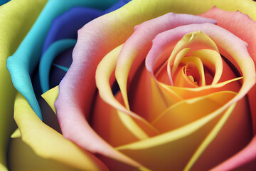Rainbow rose flower against a black background.