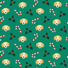 cute dachshund dog mistletoe candy Christmas winter seamless repeat pattern on green background