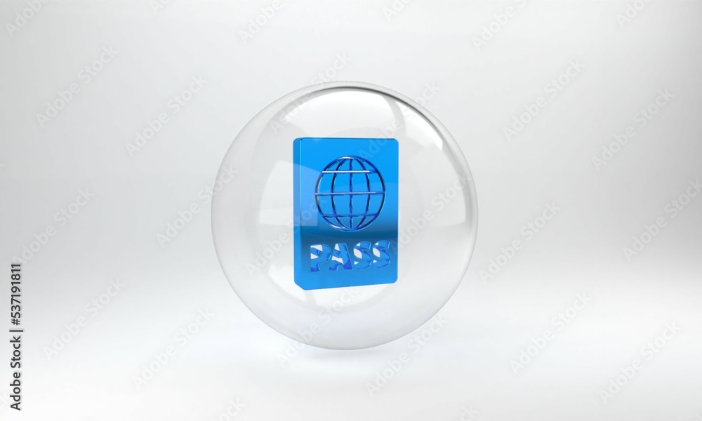 Poster blue passport with biometric data icon isolated on grey background. identification document. glass c