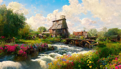 AI generated image of an ancient water mill by the side of a stream, surrounded by colorful flower fields 