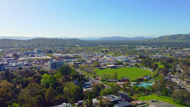 Albury, New South Wales, Australia aerial footage, is a regional city It is located on the Hume Highway and the northern side of the Murray River.