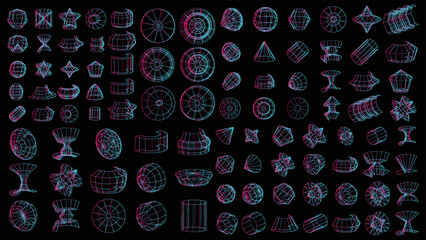 Set of abstract geometric technology elements in cyberpunk style. Retro vintage collection virtual digital design. Texture 80s vr. Futuristic metaverse pattern. Vector isolated template background