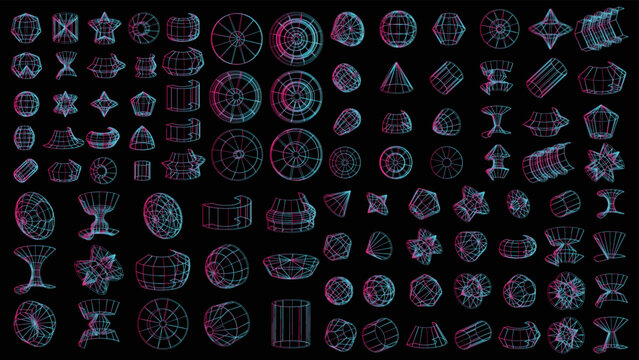 Set of abstract geometric technology elements in cyberpunk style. Retro vintage collection virtual digital design. Texture 80s vr. Futuristic metaverse pattern. Vector isolated template background