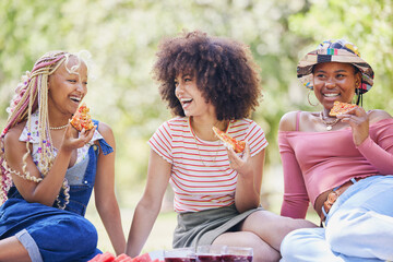 Friends picnic in park, people happy on holiday in New York summer and eating pizza outdoor. Young african women smile with support, fast food diet and girls enjoy nature in happy lifestyle together