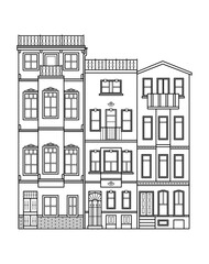 Street line vector illustration background. City street with houses and residential buildings. Business travel and tourism concept with modern buildings image