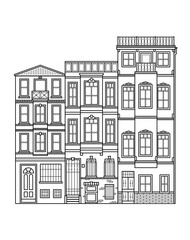 Street line vector illustration background. City street with houses and residential buildings. Business travel and tourism concept with modern buildings image