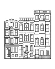 Street line vector illustration background. City street with houses and residential buildings. Business travel and tourism concept with modern buildings image