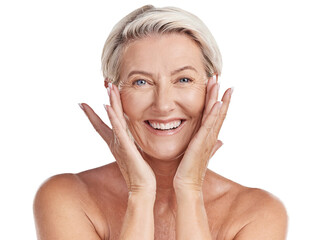 Portrait of a happy smiling mature caucasian woman looking positive and cheerful while posing topless in a studio against purple copyspace background. Older woman doing her skincare routine