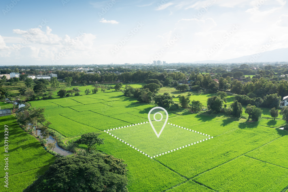 Wall mural land plot in aerial view. identify registration symbol of vacant area for map. that property, real e