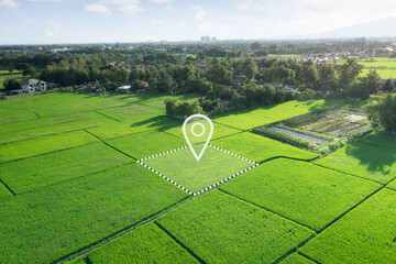 Land plot in aerial view. Identify registration symbol of vacant area for map. That property, real estate for business of home, house or residential i.e. sale, rent, buy, purchase or investment. © DifferR