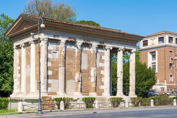 Fototapeta premium The ruins of the Temple of Portunus on Piazza della Bocca della Verita street in Rome, Italy