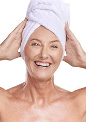 Portrait of a mature caucasian woman wearing a towel on her head after enjoying a refreshing...
