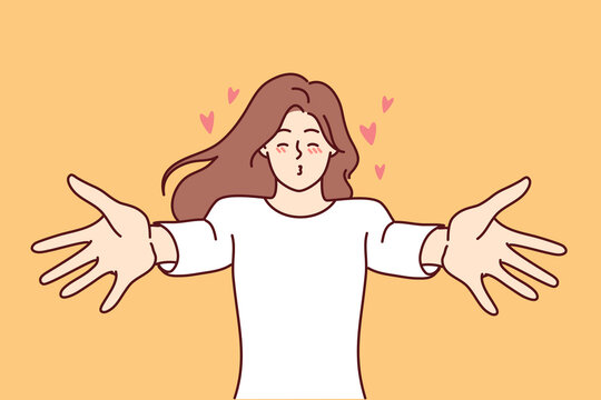 Happy young woman stretch arms waiting for love and kisses. Smiling girl share affection and feelings. Vector illustration. 