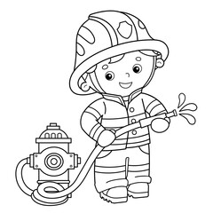 Coloring Page Outline Of cartoon fireman or firefighter with a fire hydrant. Profession. Coloring Book for kids.