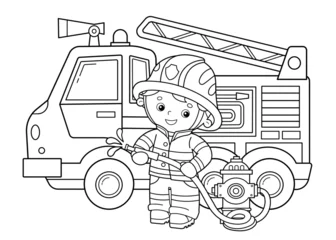 Acrylic prints Cartoon cars Coloring Page Outline Of cartoon fire truck with fireman or firefighter. Fire fighting. Professional transport. Coloring Book for kids.