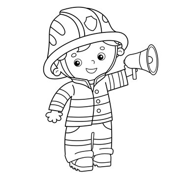 Coloring Page Outline Of cartoon fireman or firefighter with a megaphone or horn. Profession. Coloring Book for kids.