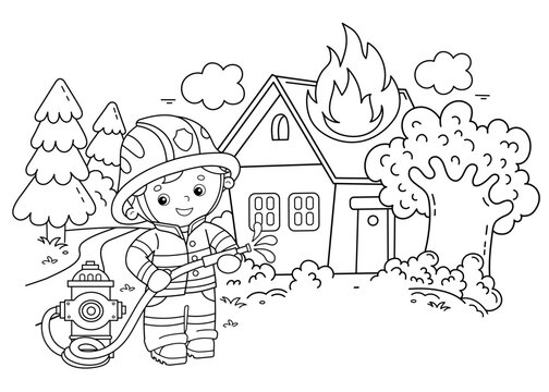 Coloring Page Outline Of cartoon fireman or firefighter with fire hydrant. Fire fighting. Coloring Book for kids.