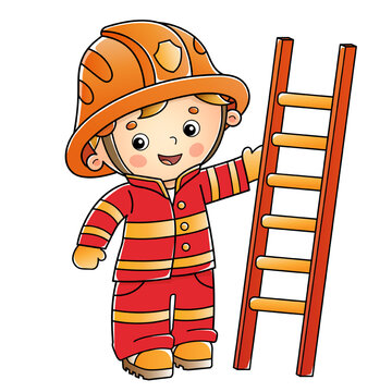 Cartoon fireman or firefighter with a fire extinguishing ladder. Profession. Colorful vector illustration for kids.