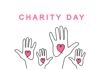 One continuous single line of charity day with loves in four hands isolated on white background.
