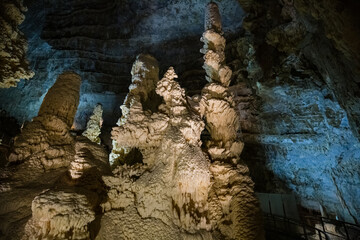 Fairy views from The Frasassi Caves (Italian: Grotte di Frasassi) - the most famous show caves in Italy. The karst cave system is located in the municipality of Genga, Ancona, Marche, Italy.