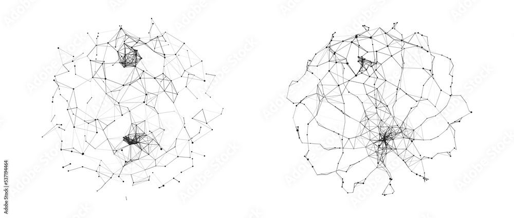 Poster set of abstract spheres from points and lines on a white background. network connection structure. b