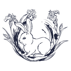Cute rabbit sits in a wreath of blooming irises. The outline is separated from the background. Vector image.