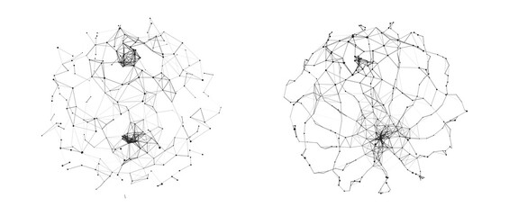 Set of abstract spheres from points and lines on a white background. Network connection structure. Big data visualization. Vector illustration.