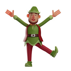 3D illustration. 3D Elf Cartoon Character standing on one leg in lift. with arms raised up. with a smile closed eyes. 3D Cartoon Character