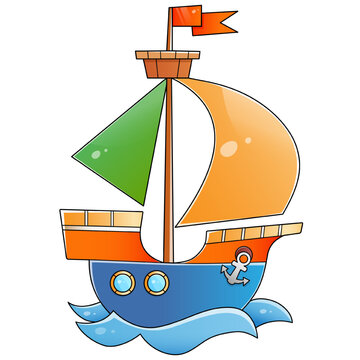 Cartoon sail ship. Images of sea transport for children. Colorful vector illustration for kids.