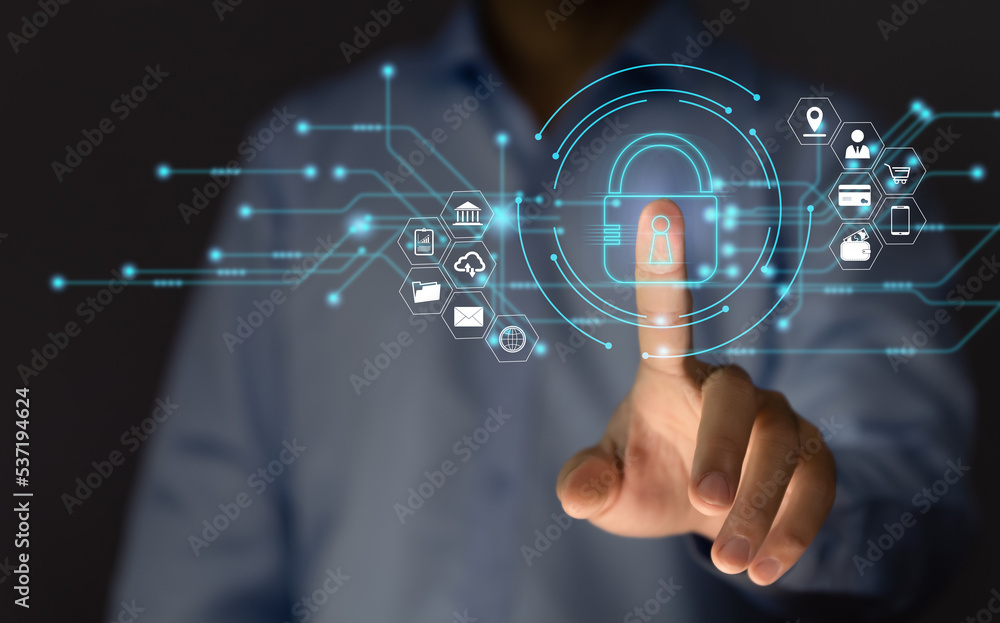 Poster businessman selects a lock icon on a virtual display. internet network security system concept. to p
