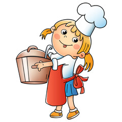 Cartoon girl chef with large pot. Little cook or scullion in apron and chef hat. Profession. Colorful vector illustration for kids.