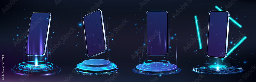 Aufkleber futuristic holograms and podiums with 3d mobile phones. mockups smartphone in lab with blank screen.