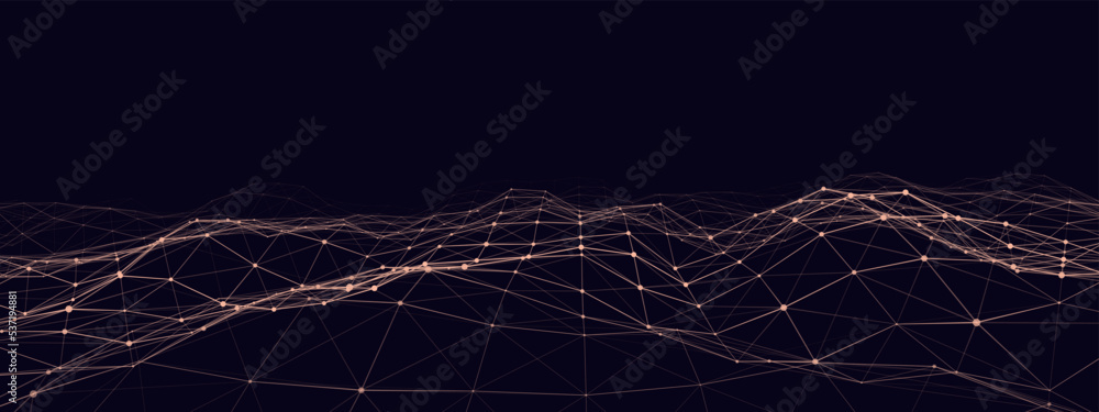 Poster dynamic orange wave with connected dots and lines on a blue background. digital wave background conc