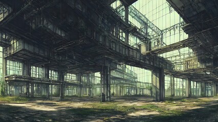 Abandoned plant overgrown with vegetation. concept art, interior.