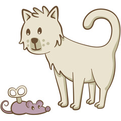 Little cat looking at a toy mouse. Cute illustration of a little cat that is standing looking at a toy mouse. Vector illustration on white background.