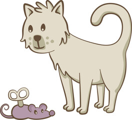 Little cat looking at a toy mouse. Cute illustration of a little cat that is standing looking at a toy mouse. Vector illustration on white background.